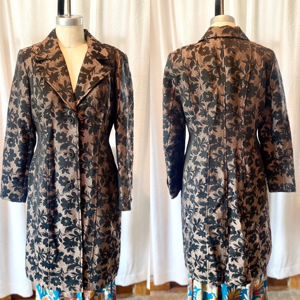Vintage Brocade Trench Coat, Black Copper Metallic Floral, Size 12 - Picture 2 of 11